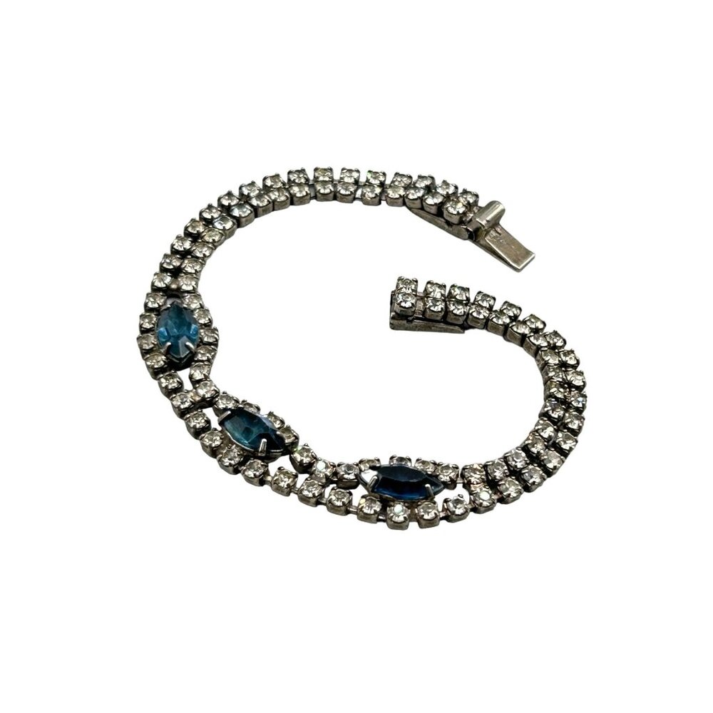Vintage Rhinestones Bracelet Clear and Blue Glass Stones Prong Set Push In Clasp